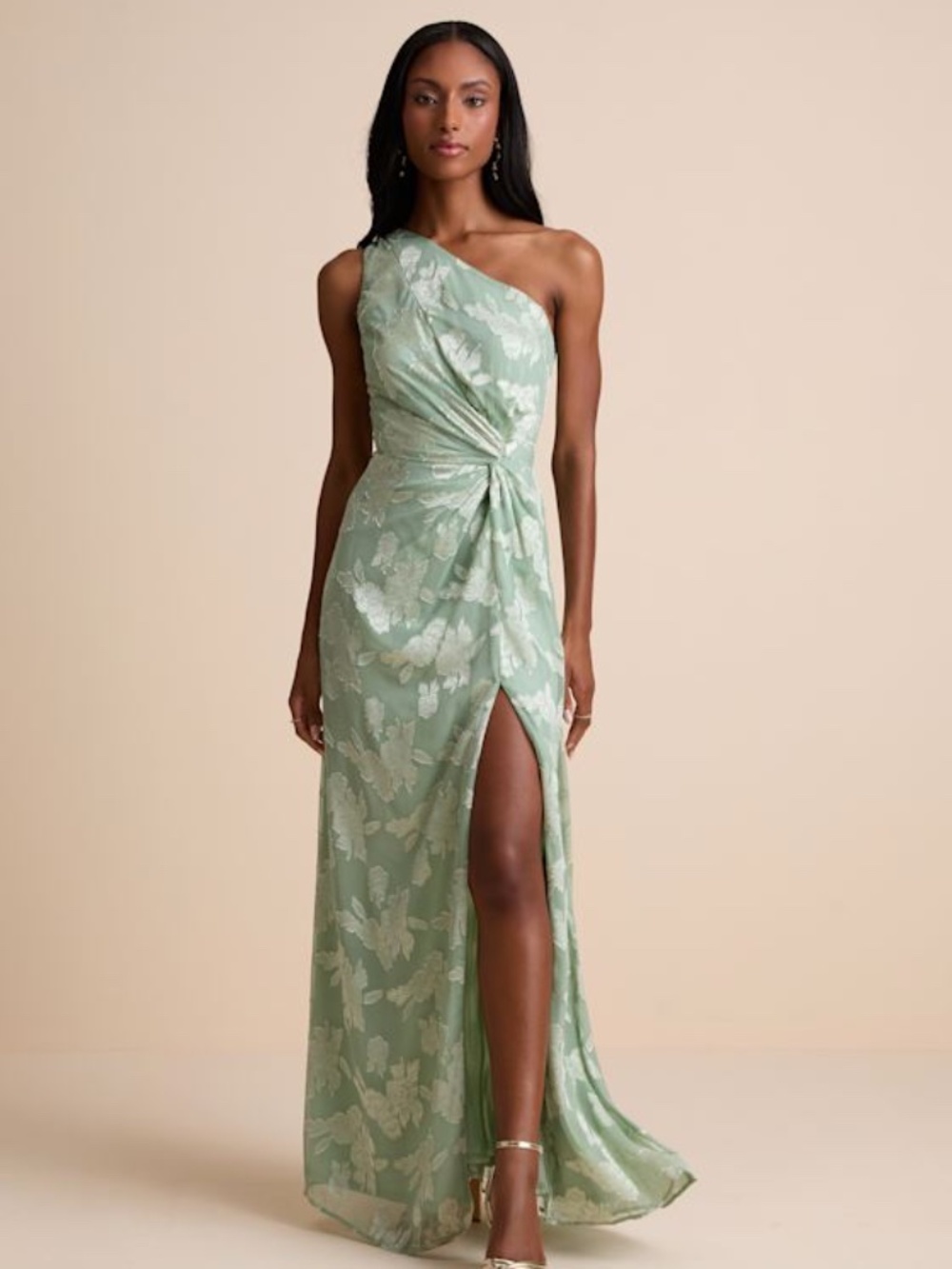 Lulus Renni Sage Green Floral Jacquard One-shoulder Maxi Dress - Size XL